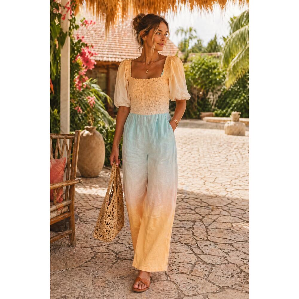 Something Navy Ombre Linen Puff Sleeve Smocked Jumpsuit S
